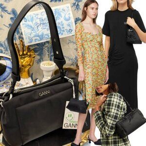 🆕 GANNI 🧿 NWT Medium Pillow Baguette Shoulder Bag, Black Nylon